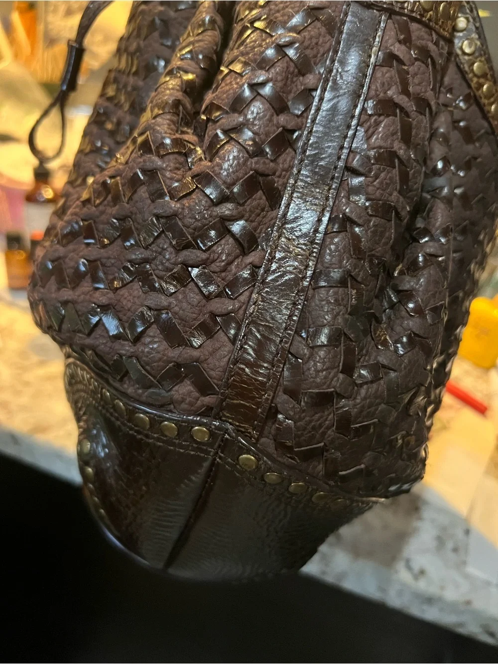 Moschino Dark Brown Woven Leather Hobo with Stud Accents
